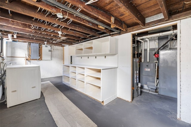 basement featuring washer / clothes dryer, electric panel, and water heater