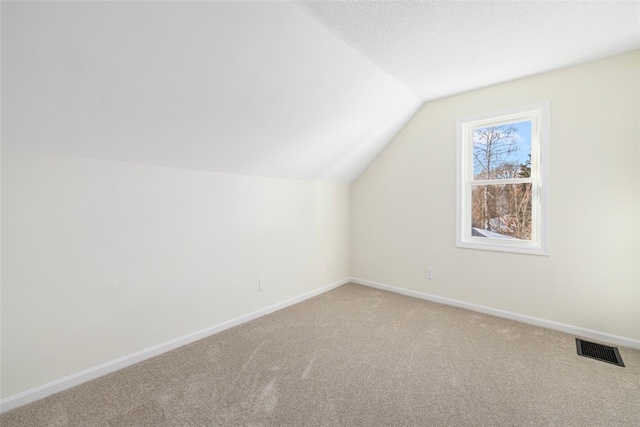 additional living space with carpet flooring, vaulted ceiling, and a textured ceiling