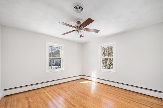 empty room with baseboard heating, light hardwood / wood-style flooring, and ceiling fan