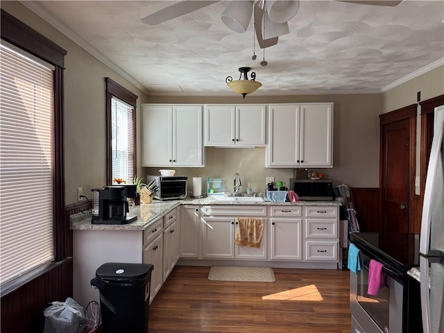 kitchen featuring dark wood-style floors, light stone counters, stainless steel appliances, white cabinetry, and a sink