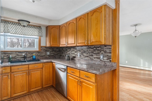 kitchen featuring light hardwood / wood-style flooring, sink, backsplash, dishwasher, and a baseboard radiator