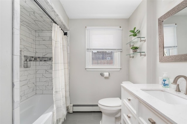 full bathroom with baseboard heating, vanity, toilet, and shower / bathtub combination with curtain