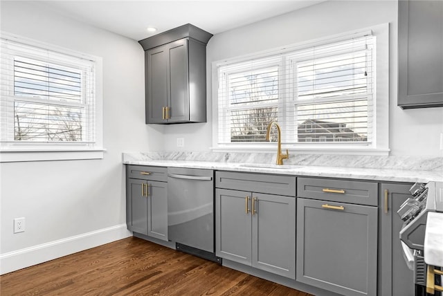 kitchen with gray cabinets, plenty of natural light, sink, and appliances with stainless steel finishes