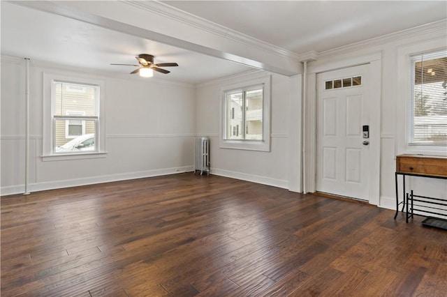 foyer entrance featuring ceiling fan, dark wood-type flooring, crown molding, and radiator