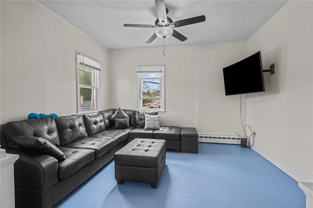 living room with a baseboard radiator and ceiling fan