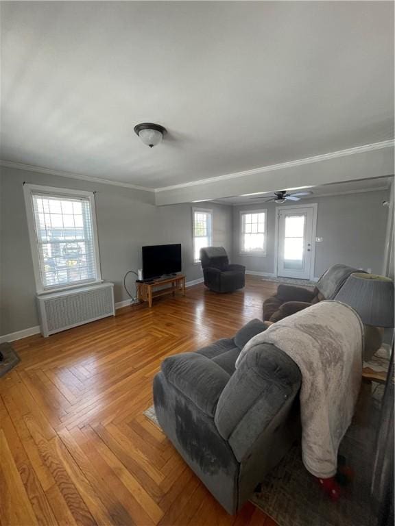 living area with crown molding, ceiling fan, radiator heating unit, and baseboards