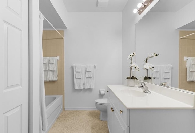 full bathroom with vanity, tiled shower / bath, toilet, and tile patterned floors