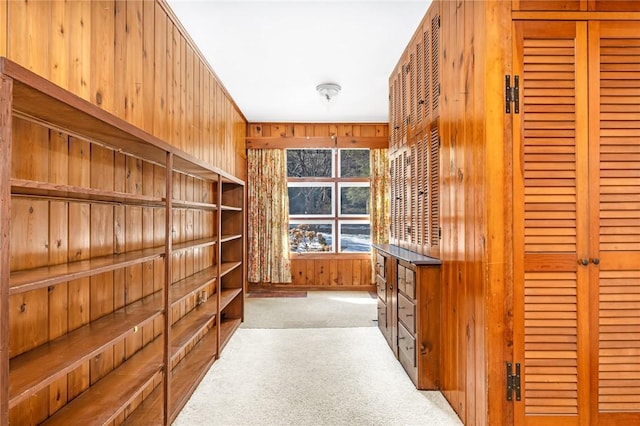 interior space featuring wooden walls and carpet flooring