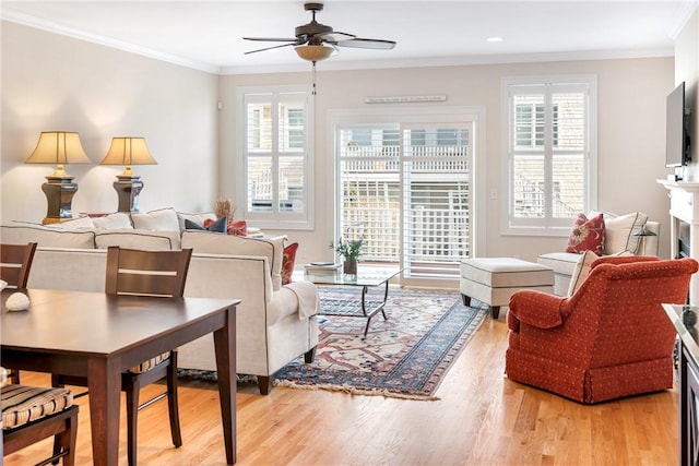 living room with light wood-style flooring, a fireplace, a ceiling fan, and crown molding