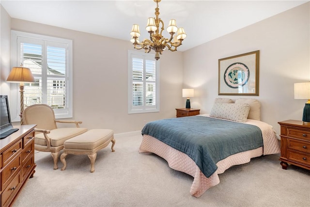 bedroom with light colored carpet, a notable chandelier, baseboards, and multiple windows