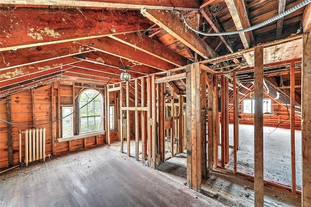 miscellaneous room featuring a wealth of natural light, vaulted ceiling, and radiator heating unit