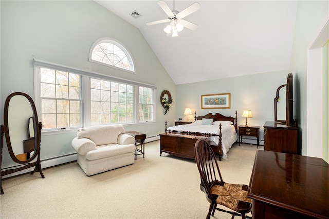 bedroom featuring carpet, a baseboard radiator, visible vents, ceiling fan, and high vaulted ceiling