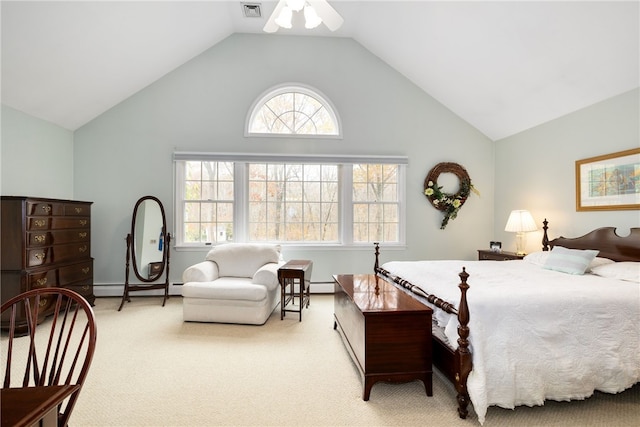 bedroom with ceiling fan, high vaulted ceiling, a baseboard radiator, carpet flooring, and visible vents