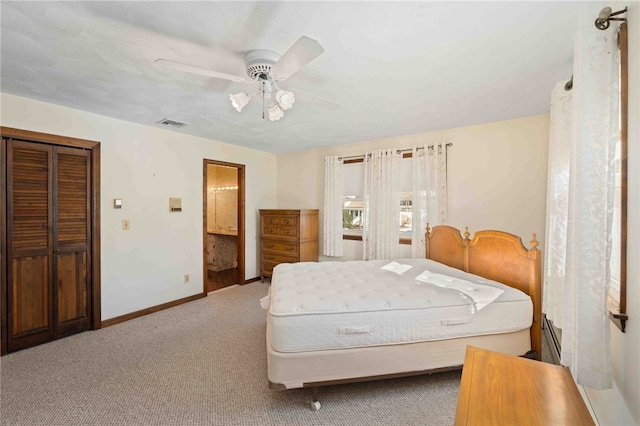 bedroom with visible vents, carpet, a ceiling fan, and baseboards