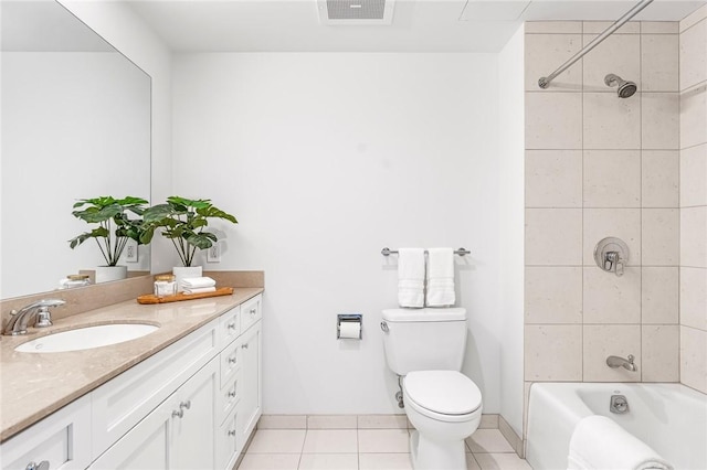 full bath featuring visible vents, toilet, vanity, shower / tub combination, and tile patterned flooring