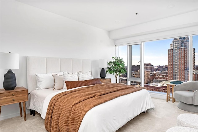 bedroom with light carpet and a city view