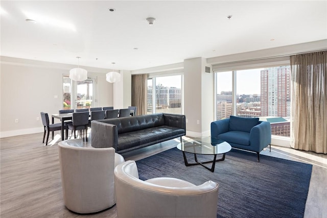 living room with baseboards, a city view, and wood finished floors