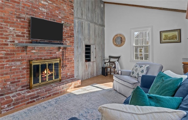 living room with high vaulted ceiling, a brick fireplace, and light colored carpet