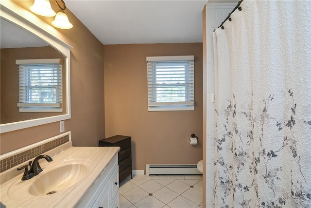 full bath with tile patterned flooring, a baseboard heating unit, a shower with shower curtain, vanity, and decorative backsplash