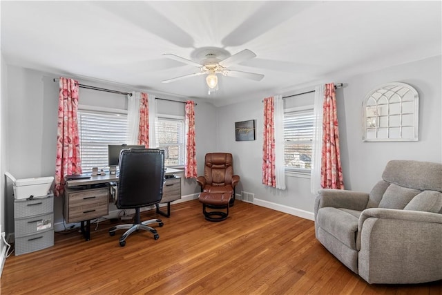 office featuring a ceiling fan, baseboards, visible vents, and wood finished floors