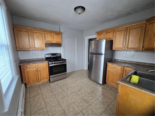 kitchen with appliances with stainless steel finishes, dark countertops, brown cabinets, and under cabinet range hood