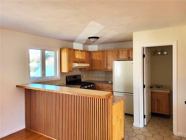 kitchen featuring backsplash, freestanding refrigerator, a sink, under cabinet range hood, and stainless steel gas range oven