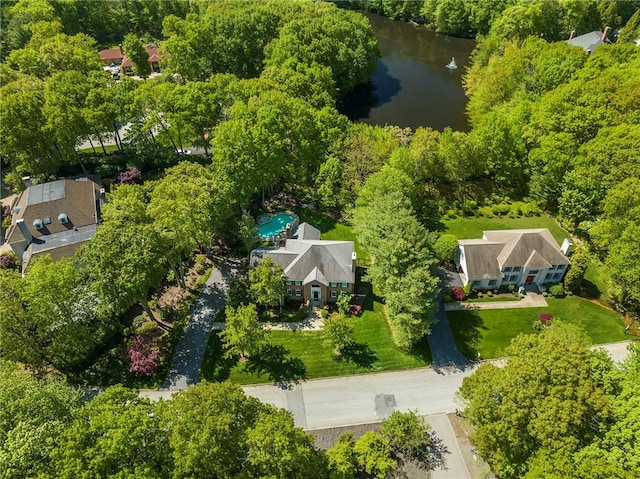 drone / aerial view with a water view