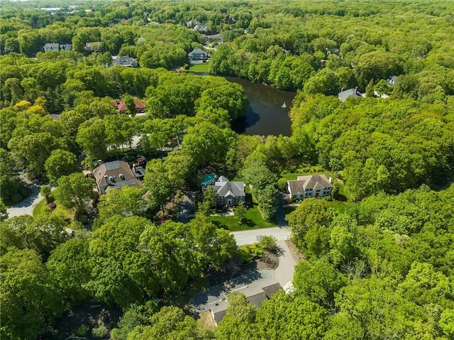 bird's eye view with a water view and a view of trees