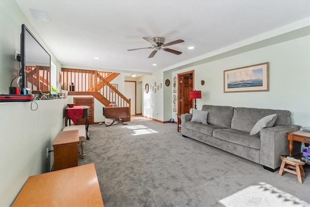 living area featuring carpet floors, recessed lighting, stairway, a ceiling fan, and baseboards