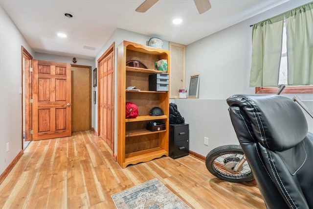 home office featuring light wood-style flooring, baseboards, ceiling fan, and recessed lighting