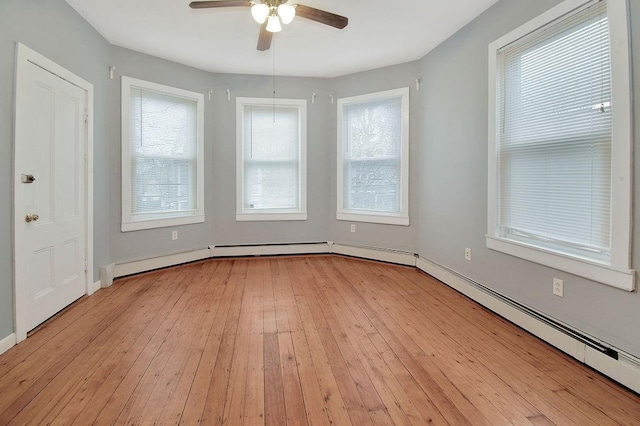 spare room with a healthy amount of sunlight, ceiling fan, light wood-style flooring, and baseboards