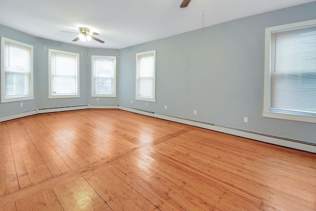 empty room featuring a ceiling fan, a baseboard radiator, and light wood-style flooring