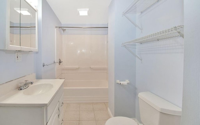 full bath featuring washtub / shower combination, toilet, vanity, and tile patterned floors