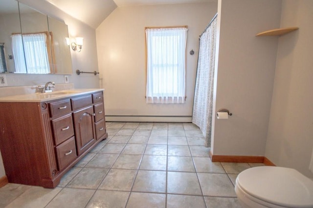 full bath featuring toilet, lofted ceiling, tile patterned floors, baseboard heating, and vanity