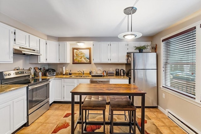 kitchen featuring under cabinet range hood, white cabinetry, appliances with stainless steel finishes, and baseboard heating