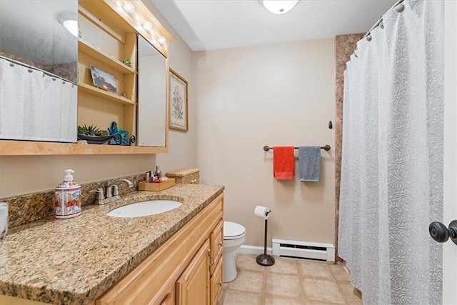 bathroom with toilet, baseboard heating, vanity, and baseboards