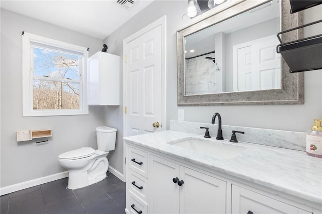 full bath featuring visible vents, toilet, vanity, baseboards, and tile patterned floors