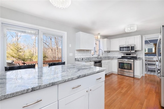 kitchen with a sink, white cabinets, light wood-style floors, appliances with stainless steel finishes, and backsplash