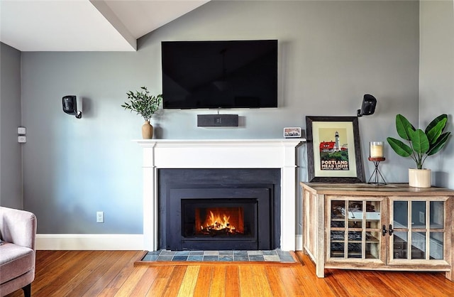 interior space featuring a warm lit fireplace, baseboards, and wood finished floors