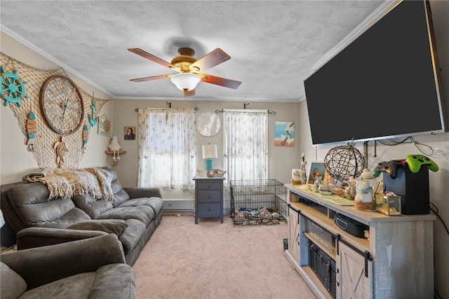 living room with ornamental molding, light carpet, a textured ceiling, and a ceiling fan