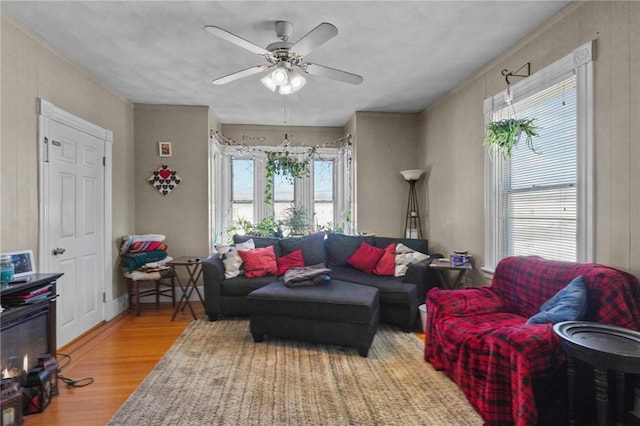 living room with ceiling fan and wood finished floors