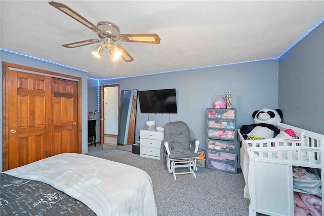 bedroom with carpet flooring and ceiling fan