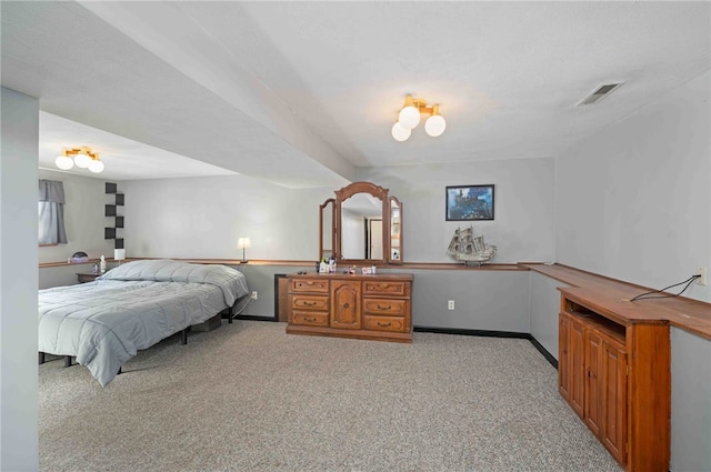 bedroom with baseboards, visible vents, and light colored carpet