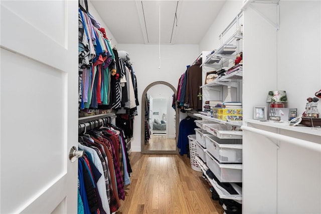 spacious closet featuring light wood-type flooring and attic access