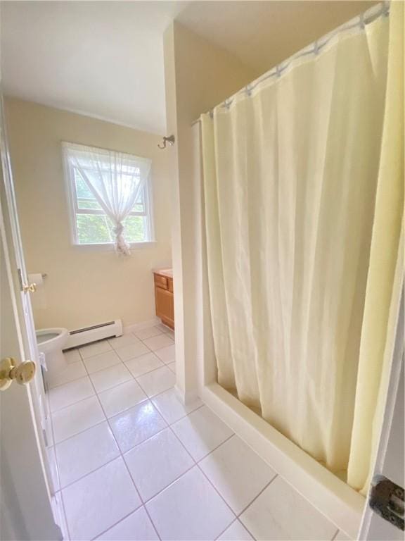 bathroom with toilet, a baseboard heating unit, tile patterned floors, vanity, and a shower with curtain