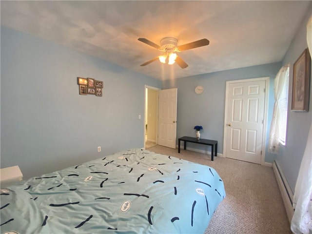 bedroom with a baseboard heating unit, ceiling fan, light carpet, and baseboards