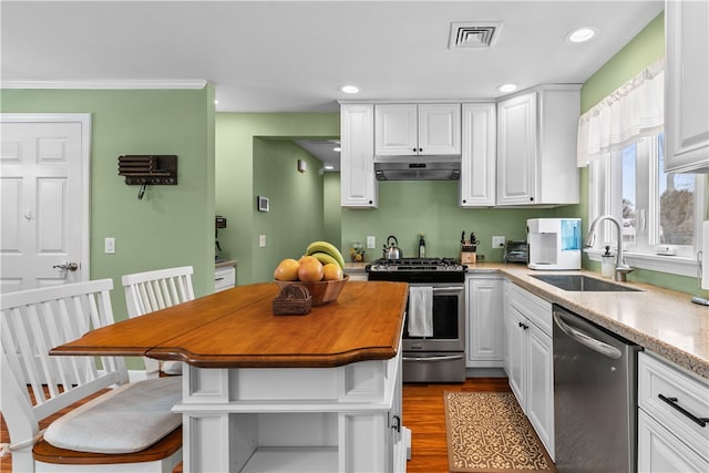 kitchen featuring light countertops, appliances with stainless steel finishes, white cabinetry, a sink, and under cabinet range hood