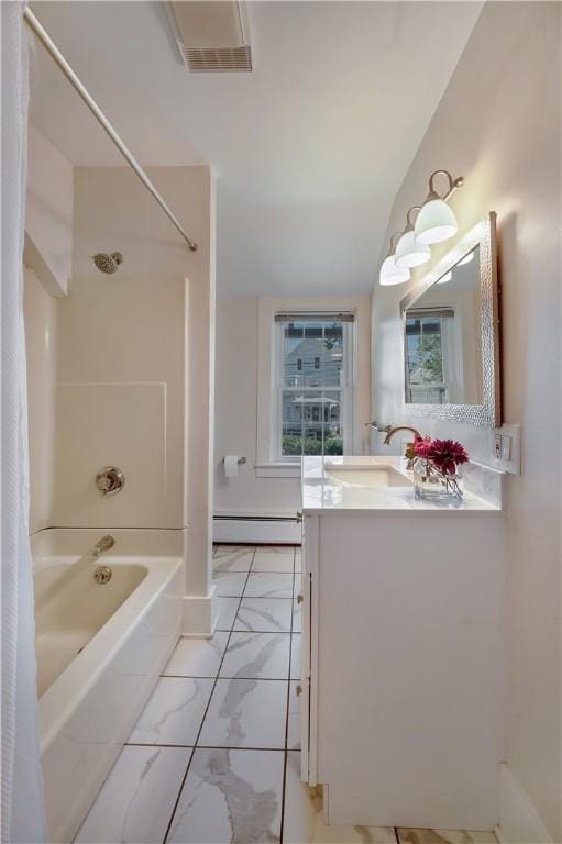 bathroom featuring visible vents, shower / bathtub combination, marble finish floor, vanity, and a baseboard heating unit