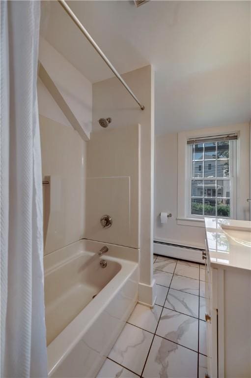 bathroom featuring a baseboard radiator, marble finish floor, shower / tub combo with curtain, and vanity