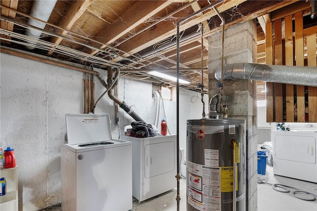 interior space with laundry area, washing machine and dryer, and water heater